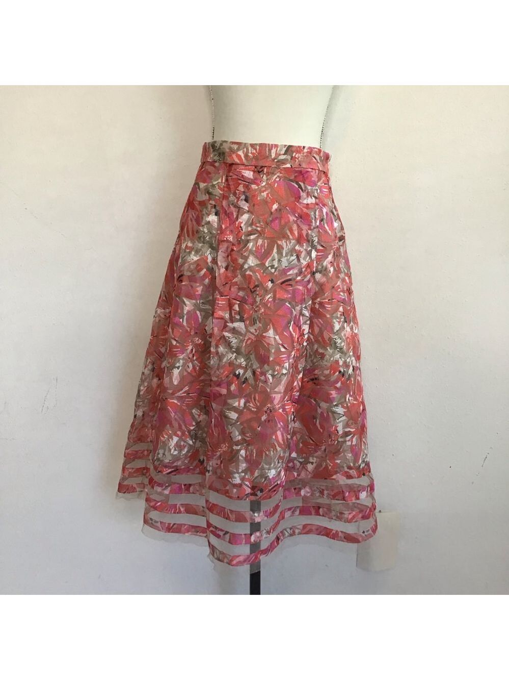 Sachin & Babi Women Elegant Pink Beige Floral Sheer Trim Midi Skirt Size 4